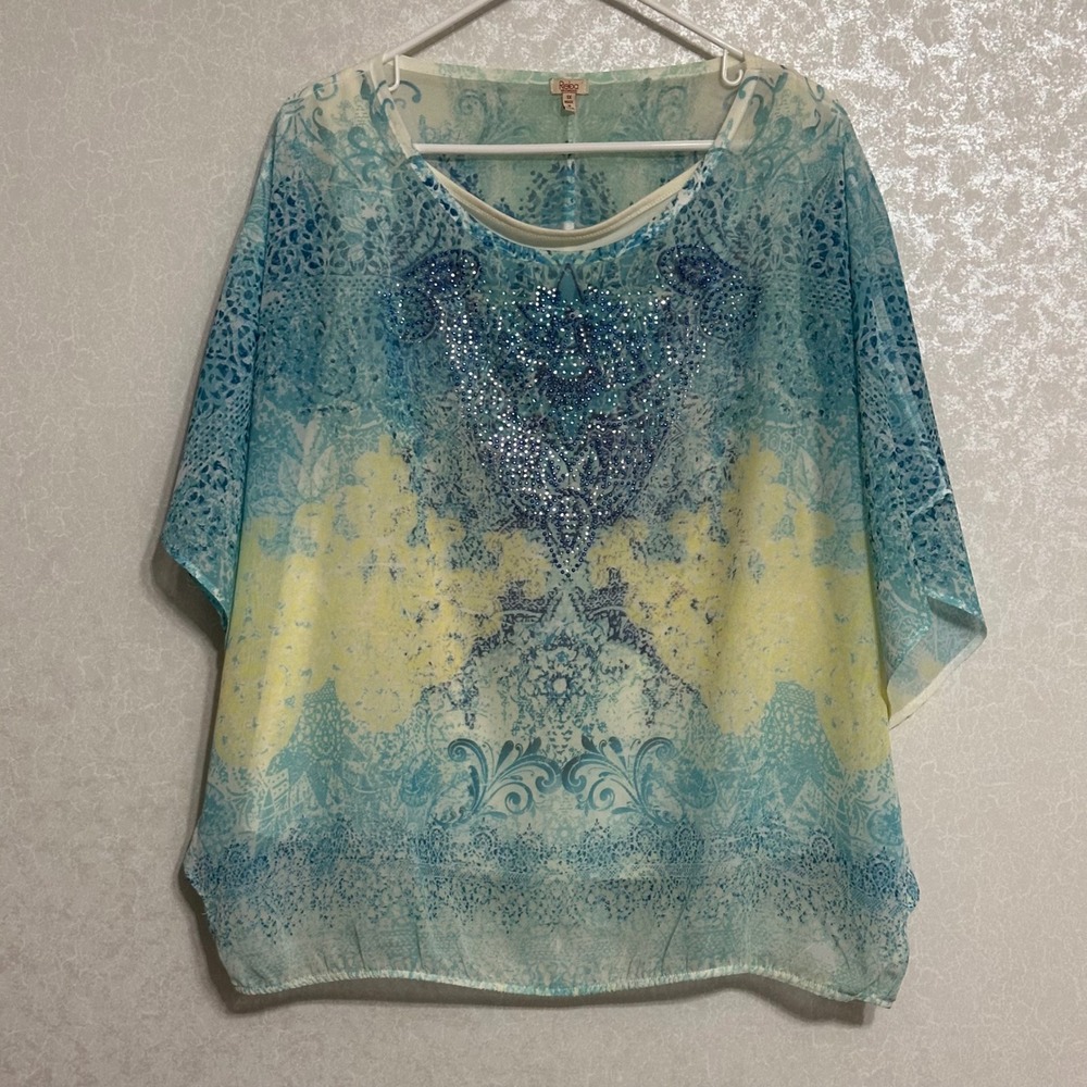 Reba Woman Rhinestone Embellished Sheer Poncho Top Blue‎ Yellow Paisley Boho 1X
